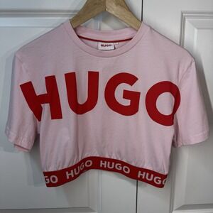 Hugo Boss Junior Girls Short Sleeve Logo Cropped T Shirt Size Large /14 Pink Red
